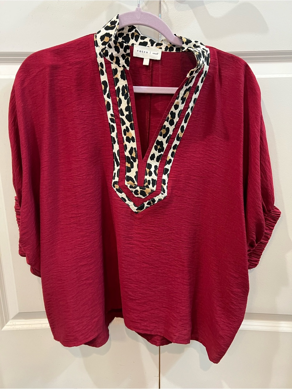 entro Women’s Deep Red V-Neck Blouse with Leopard-Trim Placket